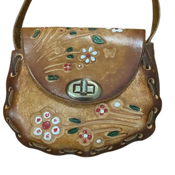 Brown Mexican Tooled Leather Mini Shoulder Boho Bag Purse Floral 5x5 - Picture 1 of 13